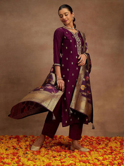 Libas Burgundy Embroidered Silk Blend Straight Suit With Dupatta