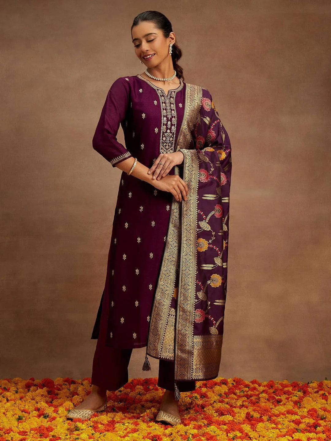 Libas Burgundy Embroidered Silk Blend Straight Suit With Dupatta
