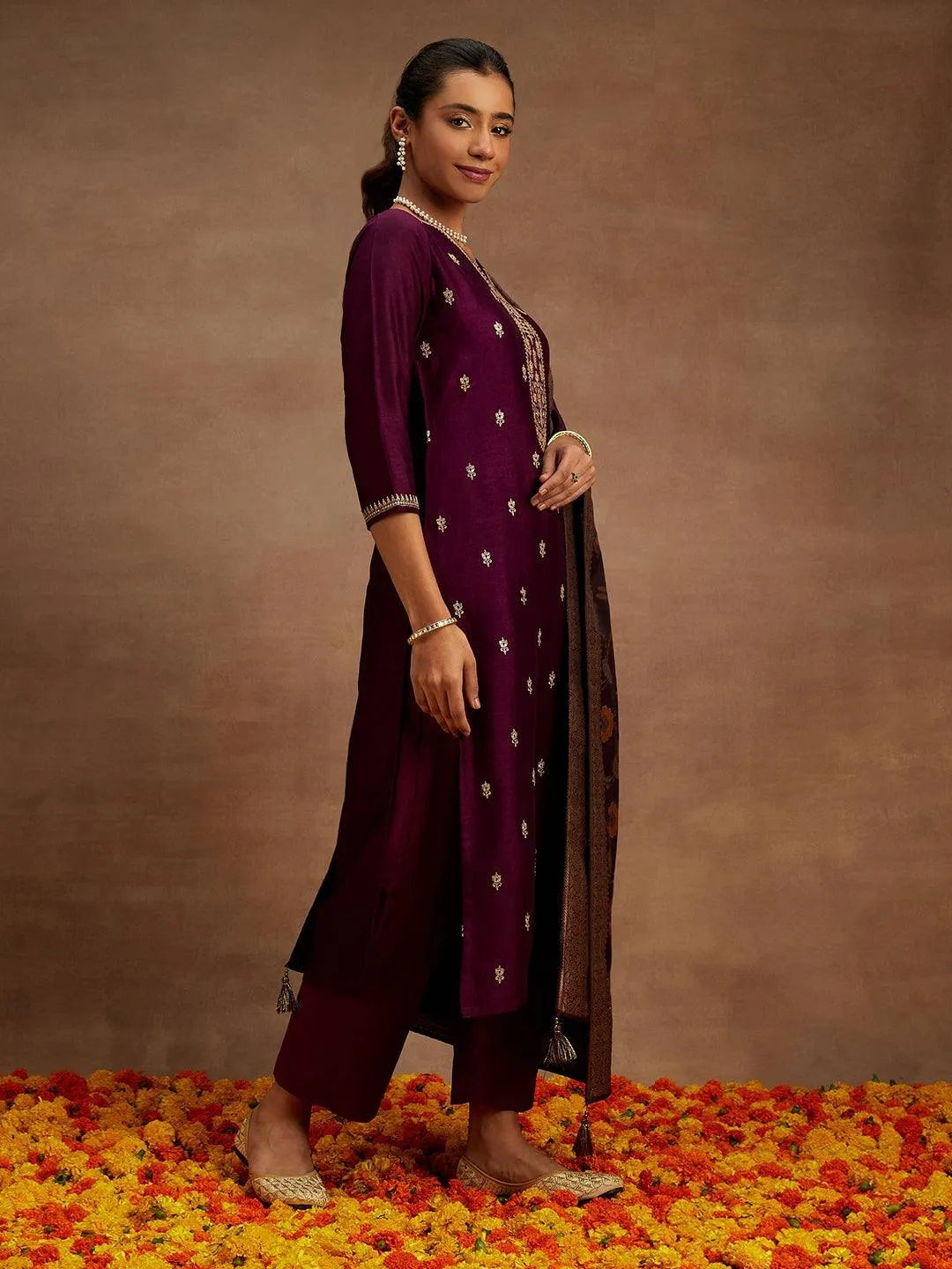 Libas Burgundy Embroidered Silk Blend Straight Suit With Dupatta