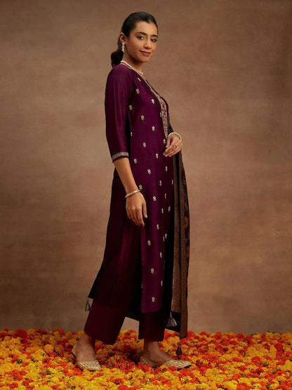 Libas Burgundy Embroidered Silk Blend Straight Suit With Dupatta