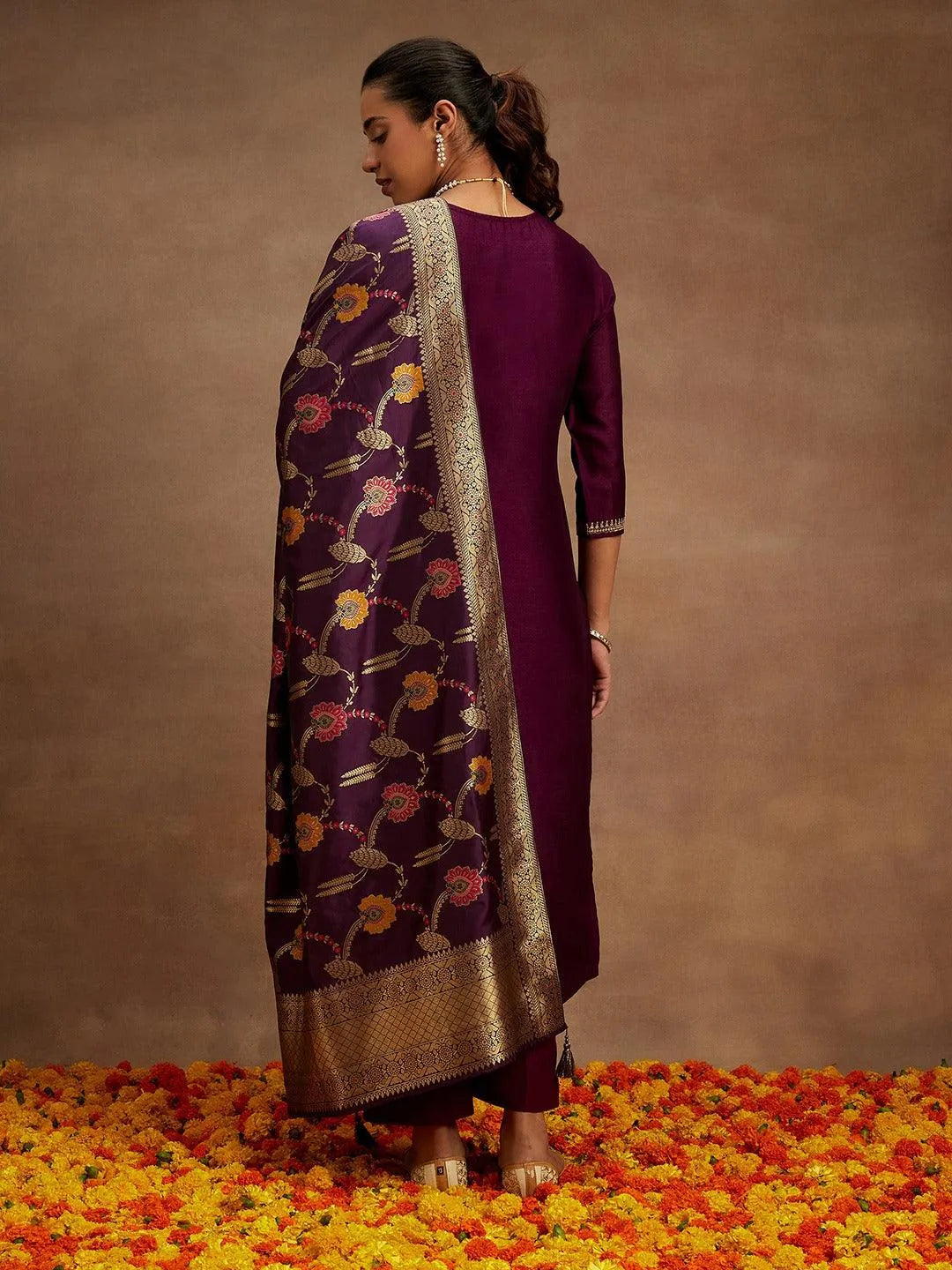 Libas Burgundy Embroidered Silk Blend Straight Suit With Dupatta
