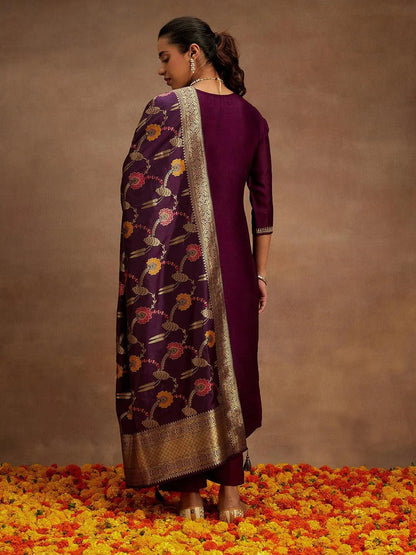 Libas Burgundy Embroidered Silk Blend Straight Suit With Dupatta
