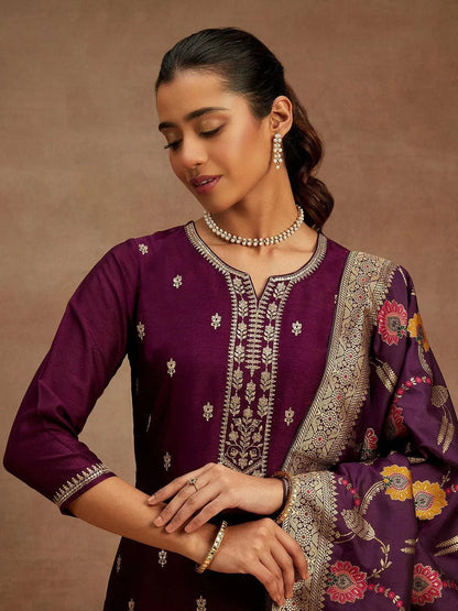 Libas Burgundy Embroidered Silk Blend Straight Suit With Dupatta