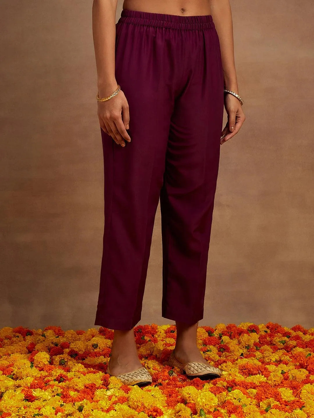 Libas Burgundy Embroidered Silk Blend Straight Suit With Dupatta