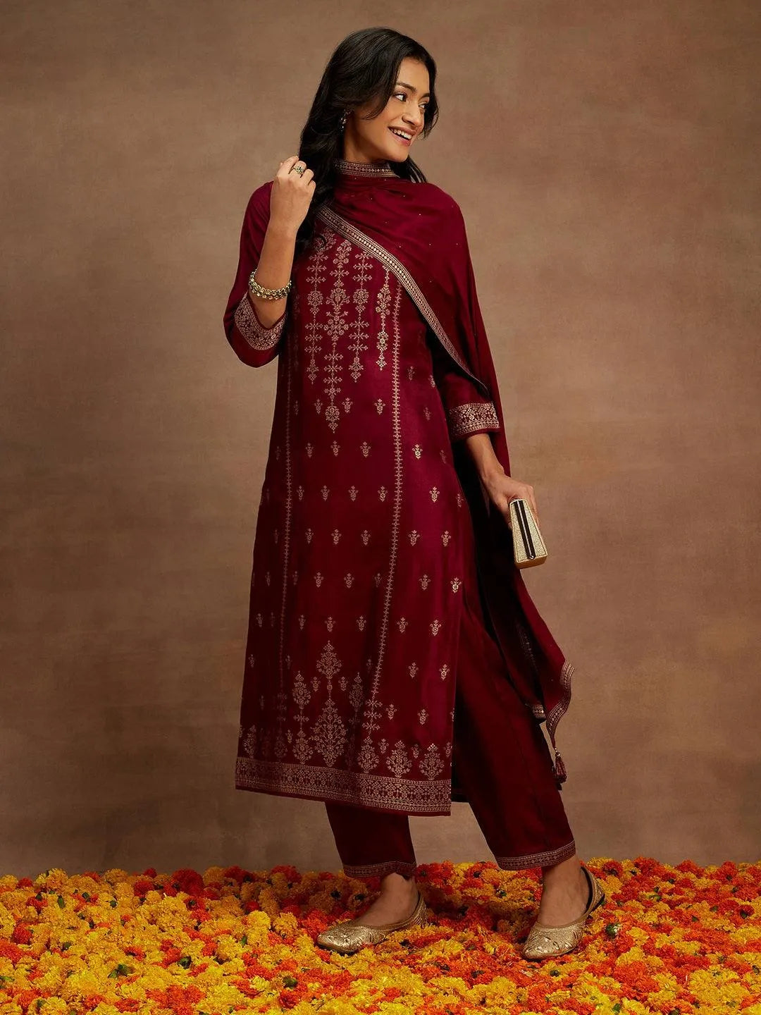 Libas Burgundy Woven Design Silk Blend Straight Suit With Dupatta