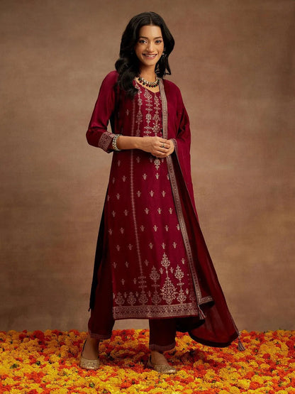 Libas Burgundy Woven Design Silk Blend Straight Suit With Dupatta