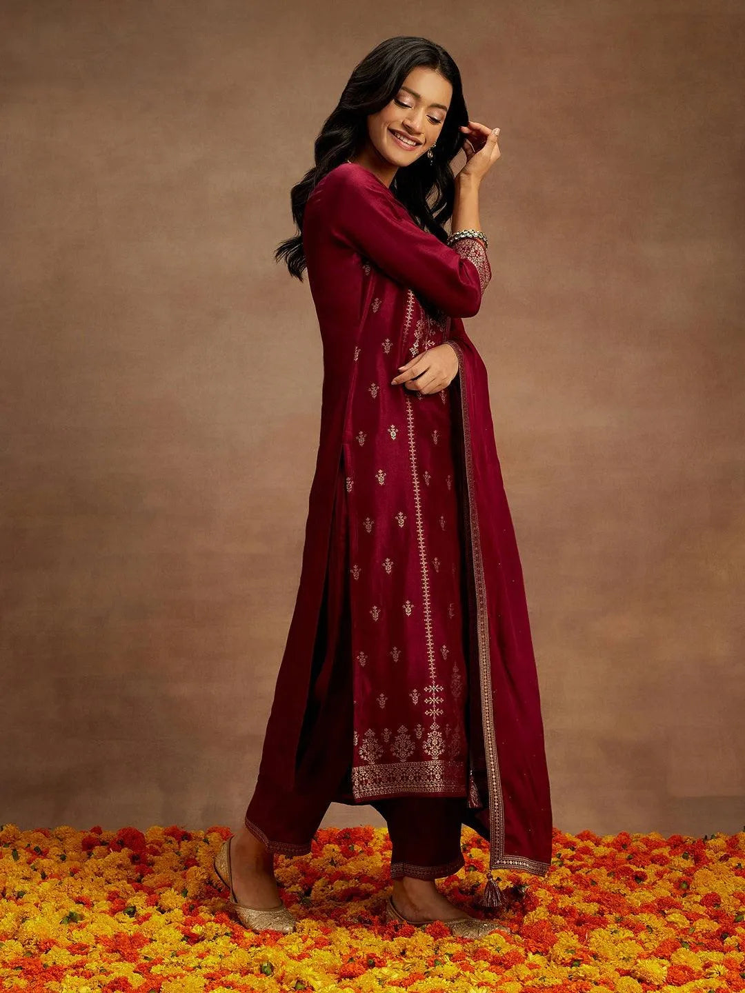 Libas Burgundy Woven Design Silk Blend Straight Suit With Dupatta