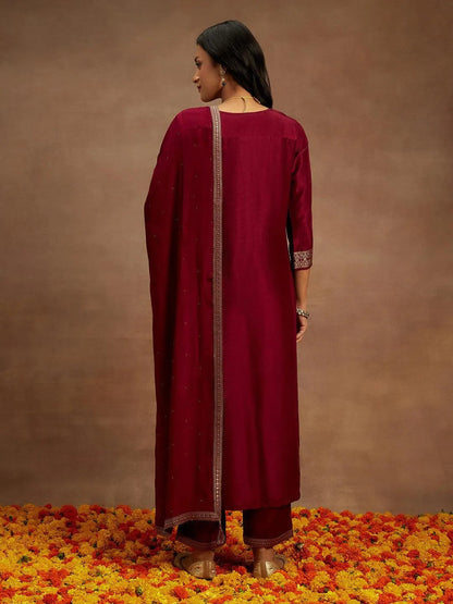 Libas Burgundy Woven Design Silk Blend Straight Suit With Dupatta