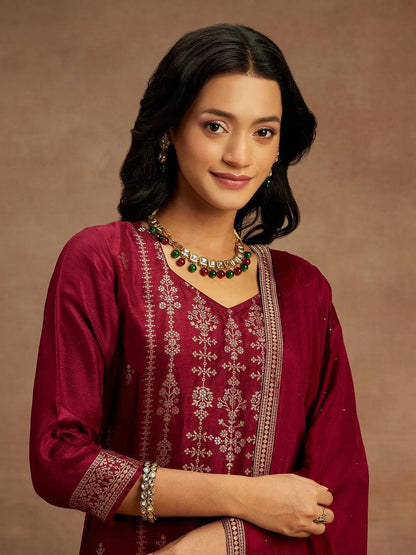 Libas Burgundy Woven Design Silk Blend Straight Suit With Dupatta