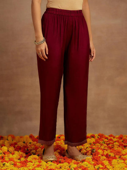 Libas Burgundy Woven Design Silk Blend Straight Suit With Dupatta