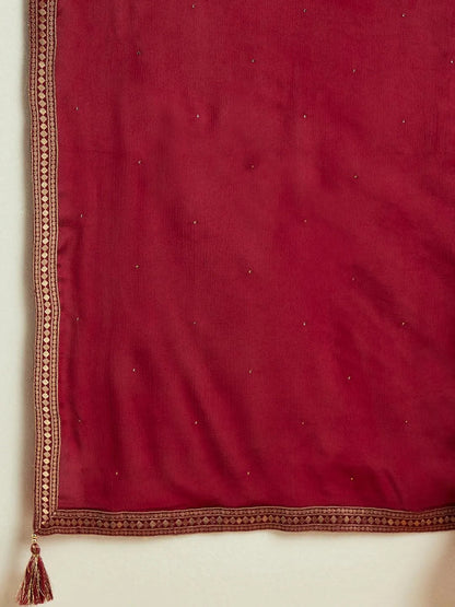 Libas Burgundy Woven Design Silk Blend Straight Suit With Dupatta