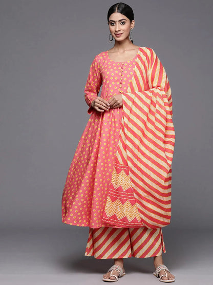 Libas Coral Printed Cotton A-Line Kurta With Palazzos & Dupatta