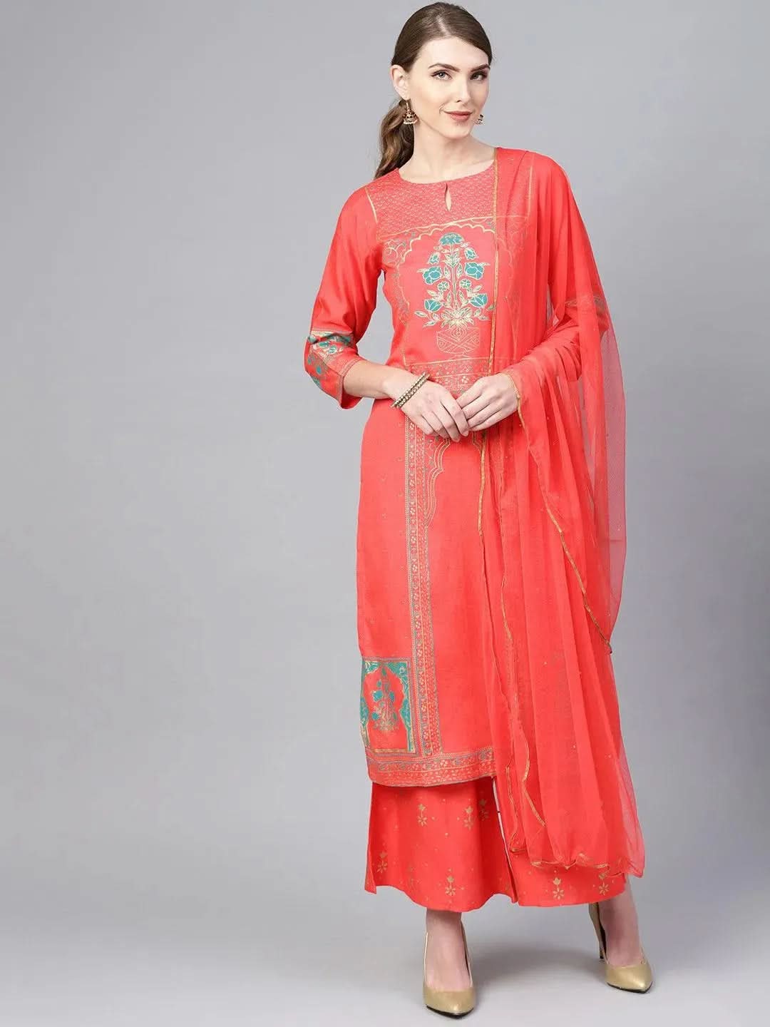 Libas Coral Printed Cotton Straight Kurta With Palazzos & Dupatta