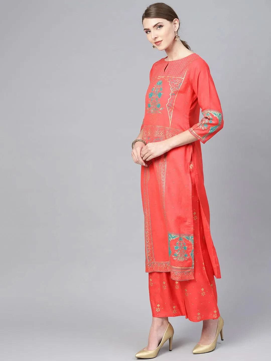 Libas Coral Printed Cotton Straight Kurta With Palazzos & Dupatta