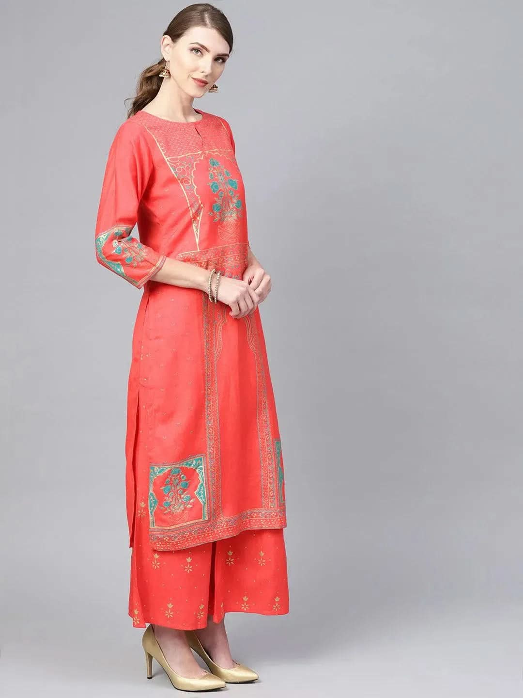 Libas Coral Printed Cotton Straight Kurta With Palazzos & Dupatta