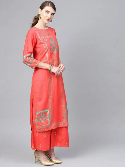 Libas Coral Printed Cotton Straight Kurta With Palazzos & Dupatta