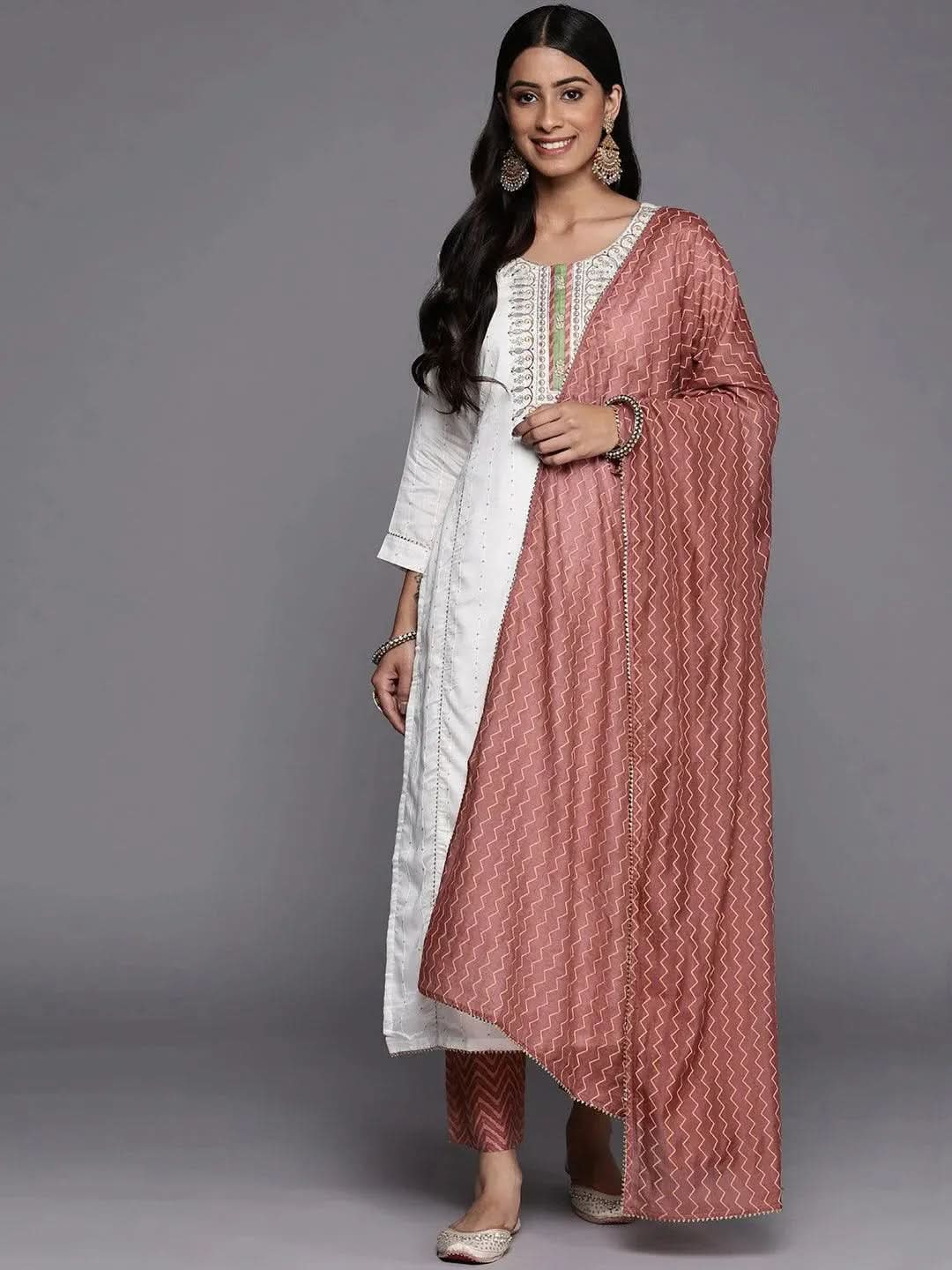 Libas Cream Embroidered Chanderi Silk Straight Kurta With Trousers & Dupatta
