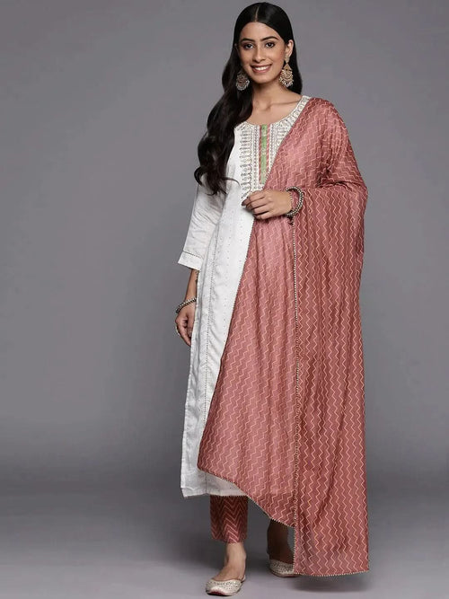 Libas Cream Embroidered Chanderi Silk Straight Kurta With Trousers & Dupatta
