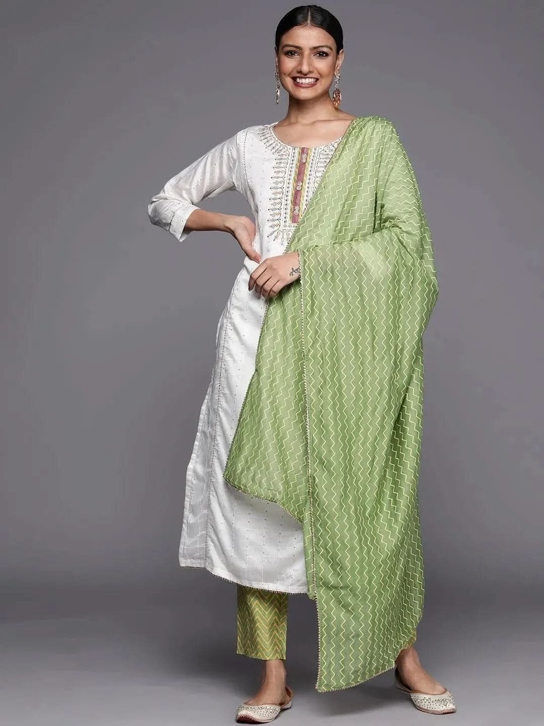 Libas Cream Embroidered Chanderi Silk Straight Kurta With Trousers & Dupatta