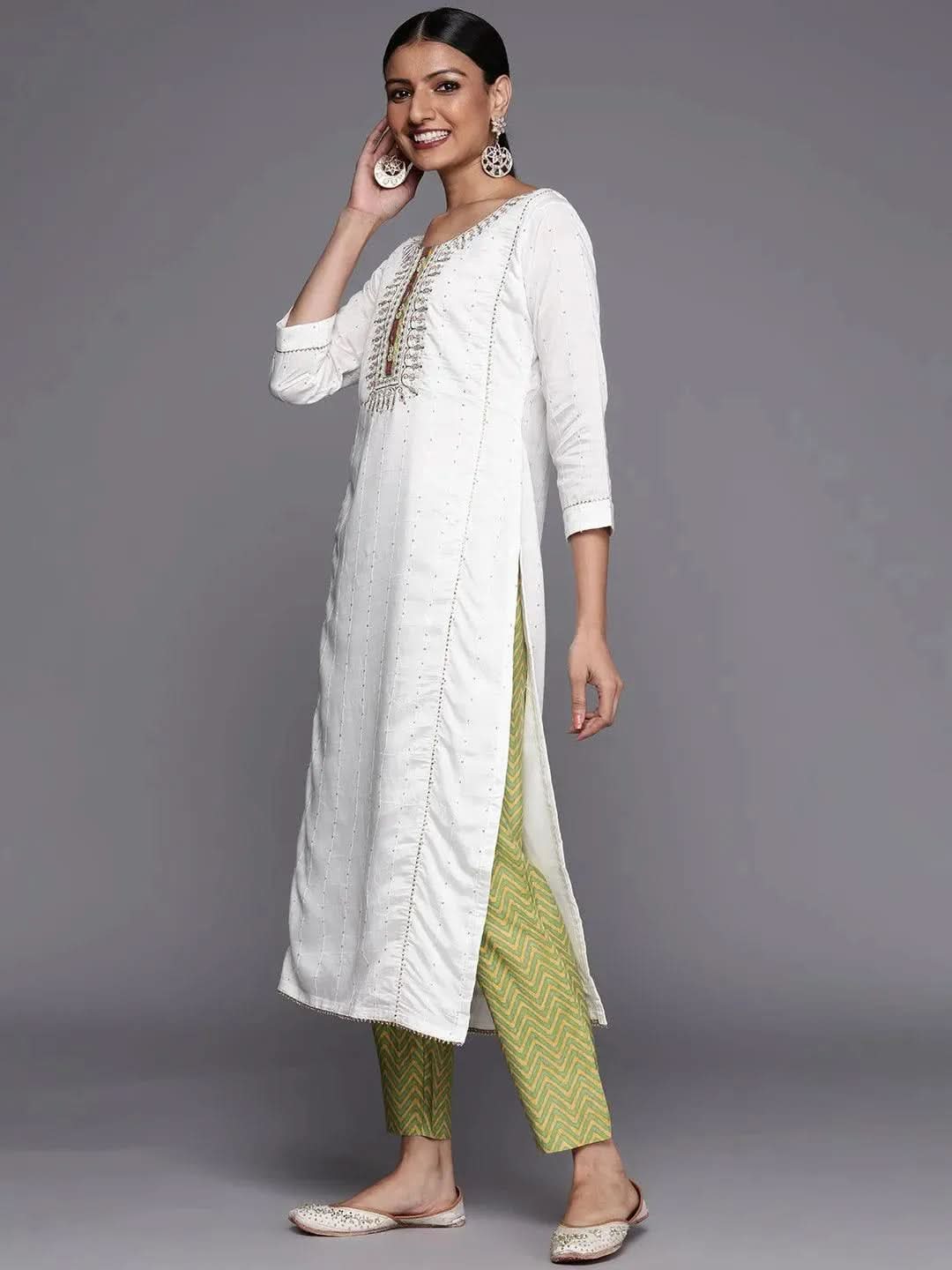 Libas Cream Embroidered Chanderi Silk Straight Kurta With Trousers & Dupatta