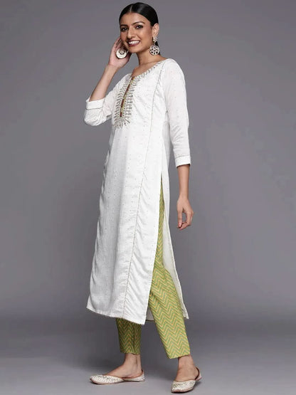 Libas Cream Embroidered Chanderi Silk Straight Kurta With Trousers & Dupatta
