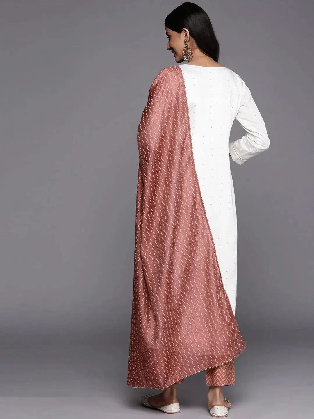 Libas Cream Embroidered Chanderi Silk Straight Kurta With Trousers & Dupatta