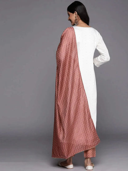 Libas Cream Embroidered Chanderi Silk Straight Kurta With Trousers & Dupatta