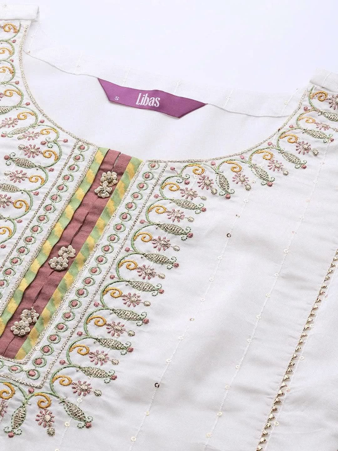 Libas Cream Embroidered Chanderi Silk Straight Kurta With Trousers & Dupatta
