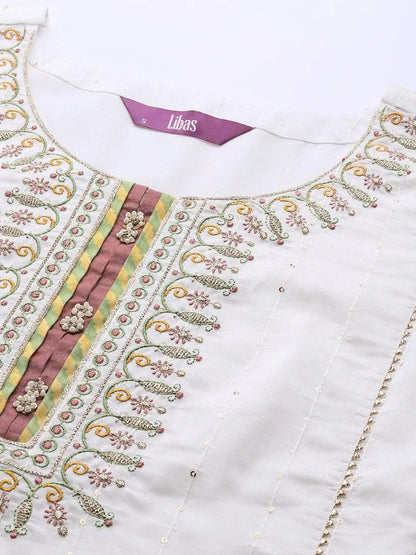 Libas Cream Embroidered Chanderi Silk Straight Kurta With Trousers & Dupatta