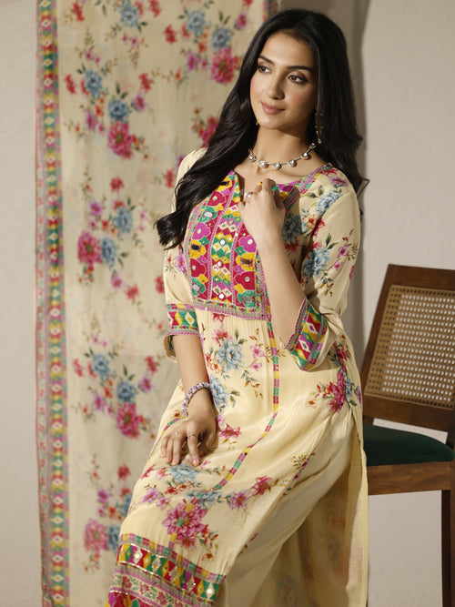 Libas Cream Printed Chinon Straight Suit Set With Dupatta