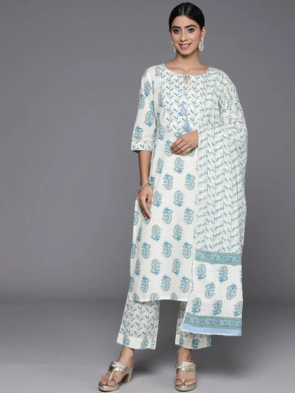 Libas Cream Printed Cotton Straight Suit With Dupatta