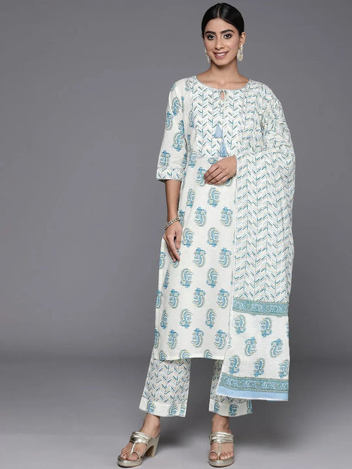 Libas Cream Printed Cotton Straight Suit With Dupatta