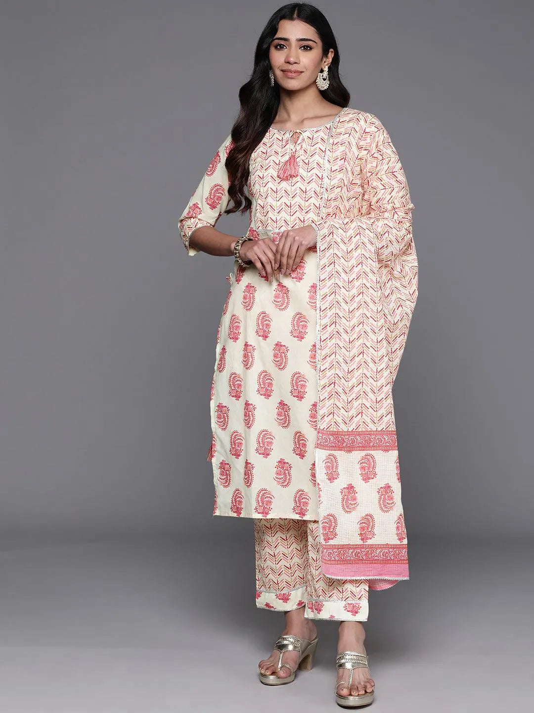 Libas Cream Printed Cotton Straight Suit With Dupatta