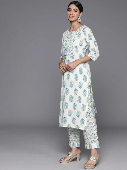 Libas Cream Printed Cotton Straight Suit With Dupatta