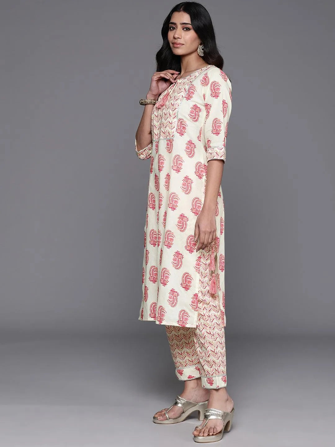 Libas Cream Printed Cotton Straight Suit With Dupatta