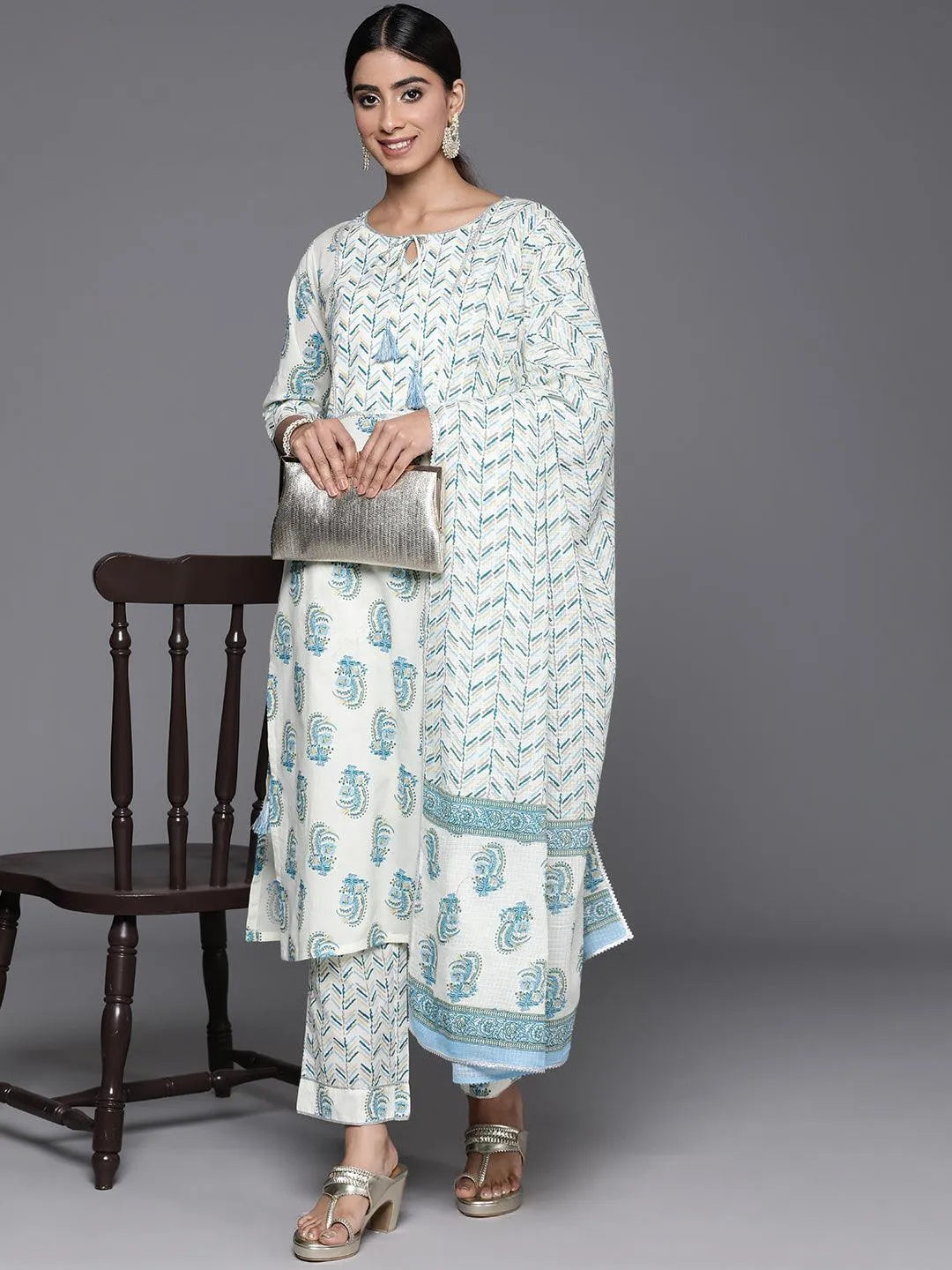 Libas Cream Printed Cotton Straight Suit With Dupatta