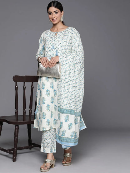 Libas Cream Printed Cotton Straight Suit With Dupatta