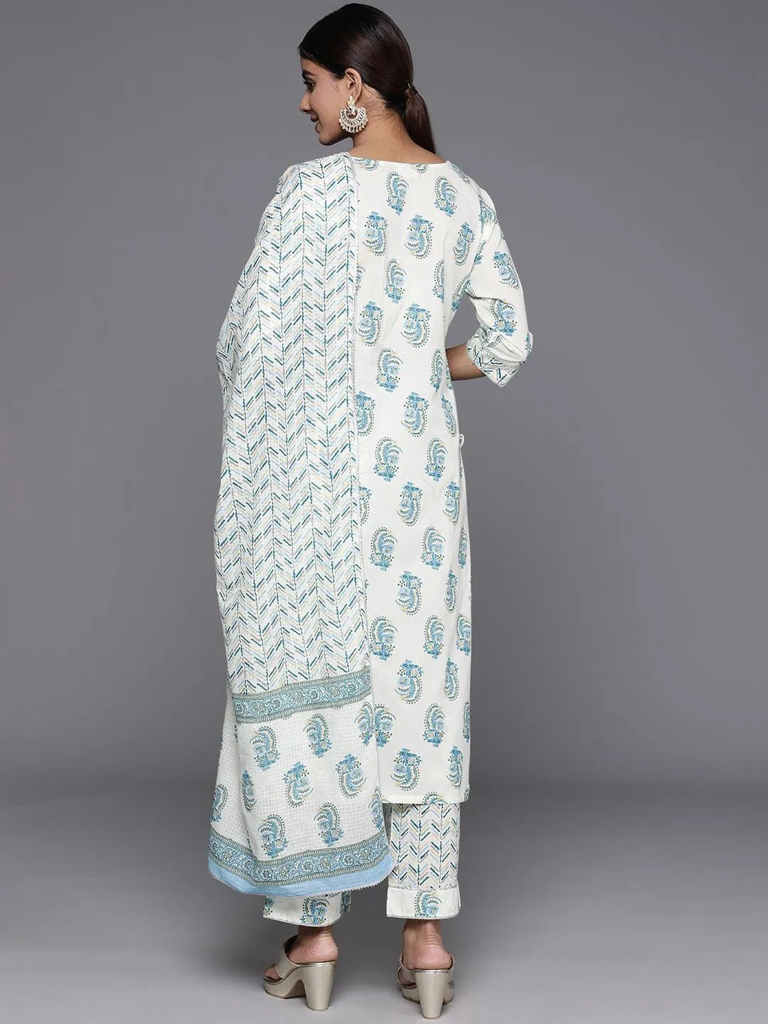Libas Cream Printed Cotton Straight Suit With Dupatta