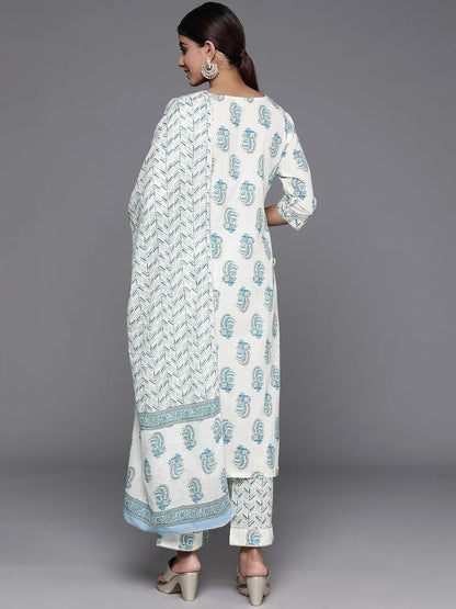 Libas Cream Printed Cotton Straight Suit With Dupatta