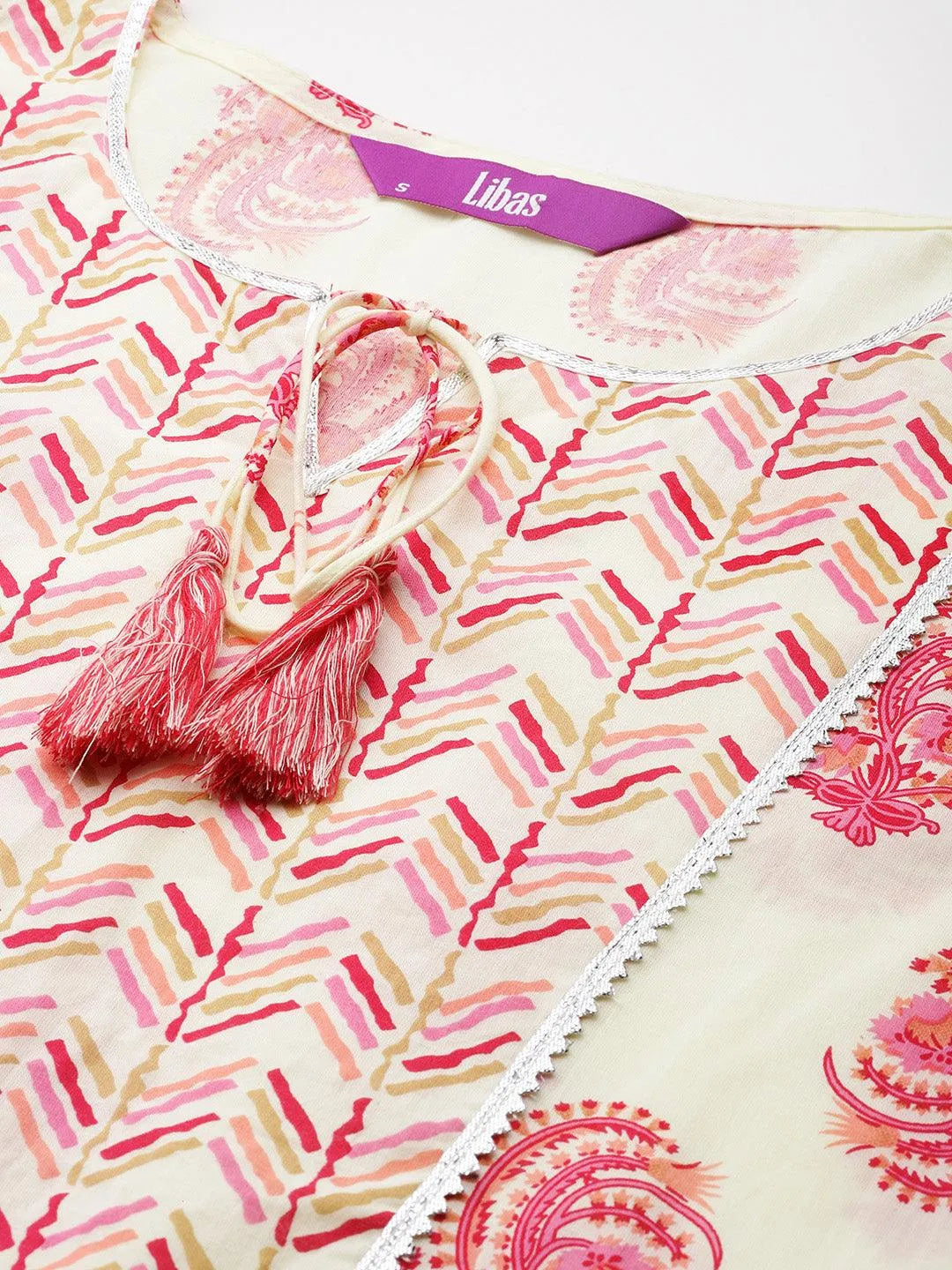 Libas Cream Printed Cotton Straight Suit With Dupatta