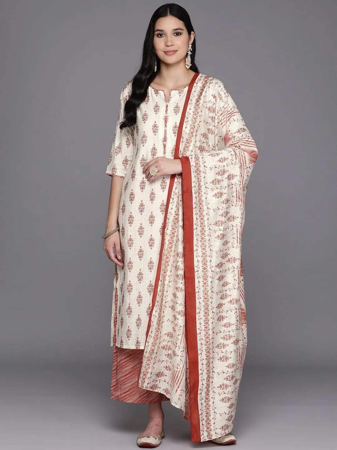 Libas Cream Printed Silk Blend Straight Kurta With Palazzos & Dupatta
