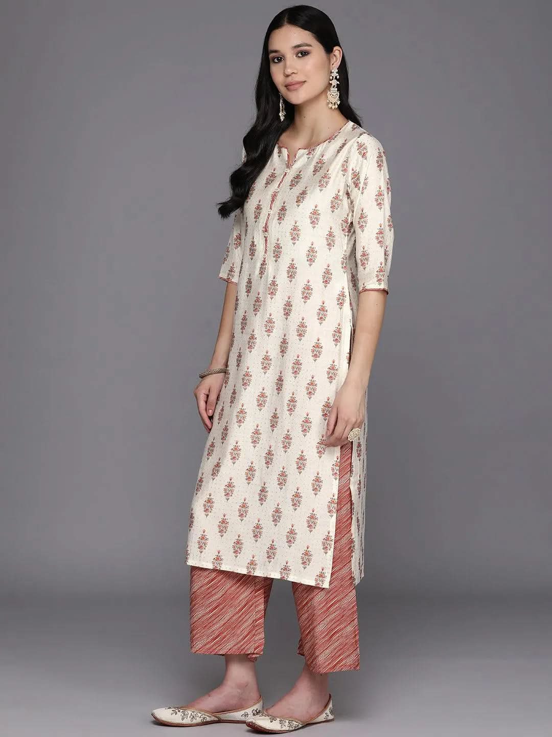 Libas Cream Printed Silk Blend Straight Kurta With Palazzos & Dupatta