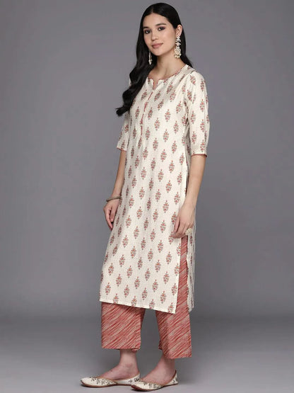 Libas Cream Printed Silk Blend Straight Kurta With Palazzos & Dupatta