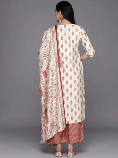 Libas Cream Printed Silk Blend Straight Kurta With Palazzos & Dupatta