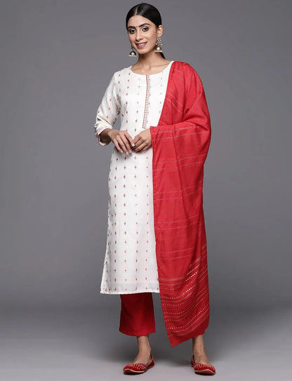 Libas Cream Woven Design Silk Blend Straight Kurta With Trousers & Dupatta