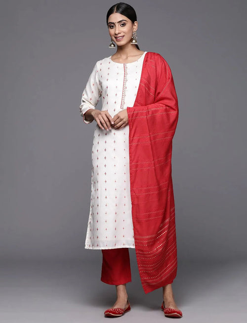 Libas Cream Woven Design Silk Blend Straight Kurta With Trousers & Dupatta