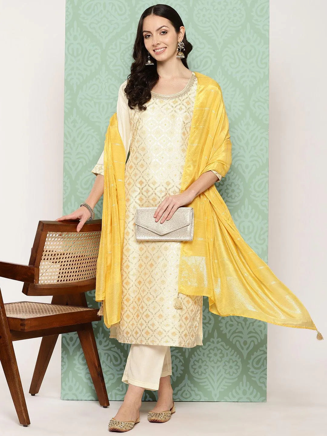 Libas Cream Woven Design Silk Blend Straight Suit With Dupatta