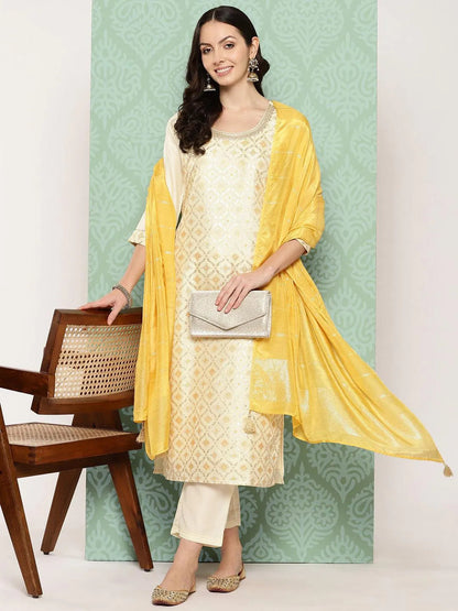 Libas Cream Woven Design Silk Blend Straight Suit With Dupatta