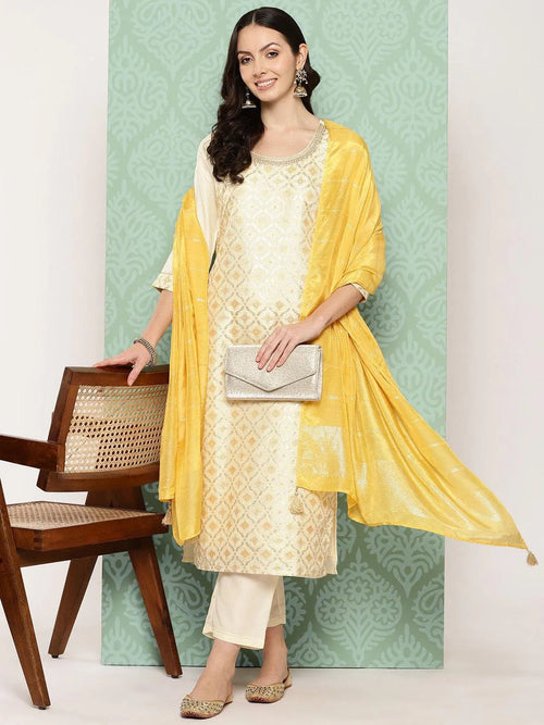 Libas Cream Woven Design Silk Blend Straight Suit With Dupatta
