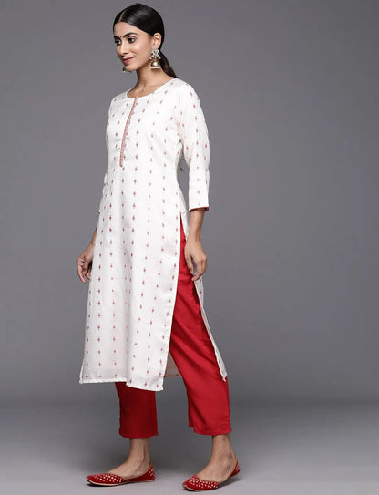Libas Cream Woven Design Silk Blend Straight Kurta With Trousers & Dupatta